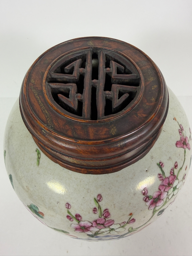 Antique Chinese Porcelain Ginger Jar With Carved Wooden Lid And Stand 8.5'H [Photo 6]