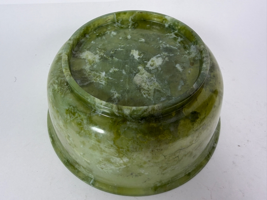 Vintage Chinese Spinach Jade Bowl 6.5W X 2.75H With Carved Wooden Stand [Photo 5]