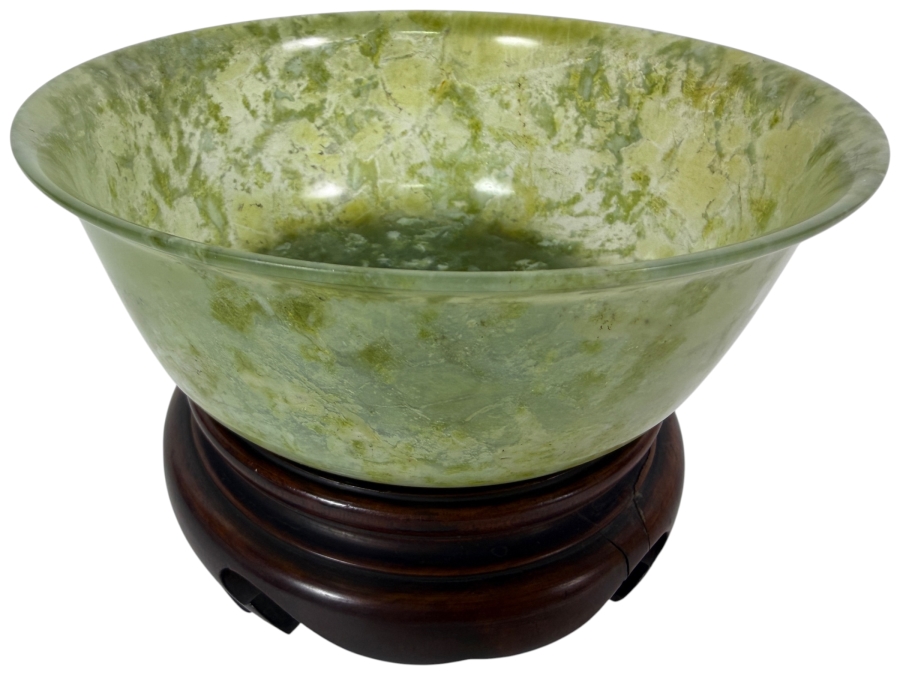 Vintage Chinese Spinach Jade Bowl 6.5W X 2.75H With Carved Wooden Stand