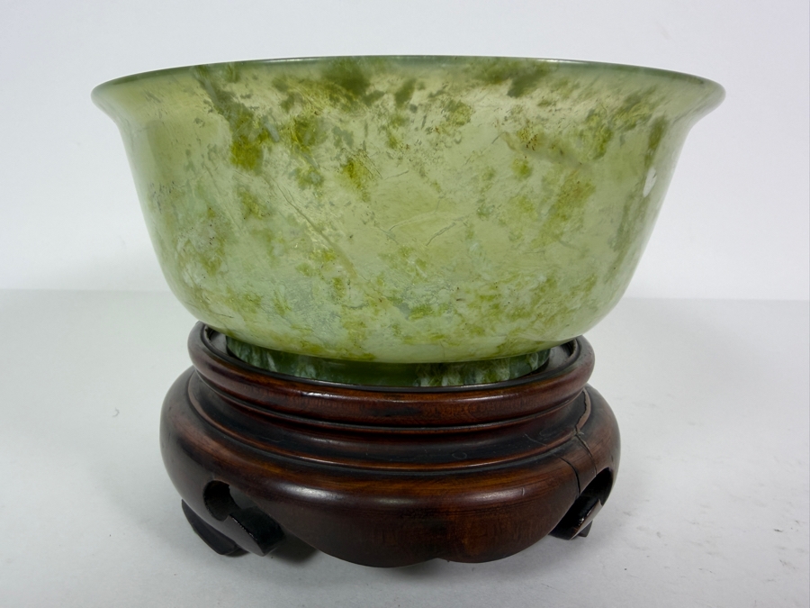 Vintage Chinese Spinach Jade Bowl 6.5W X 2.75H With Carved Wooden Stand [Photo 2]