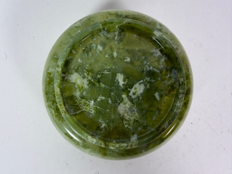 Vintage Chinese Spinach Jade Bowl 6.5W X 2.75H With Carved Wooden Stand [Photo 6]