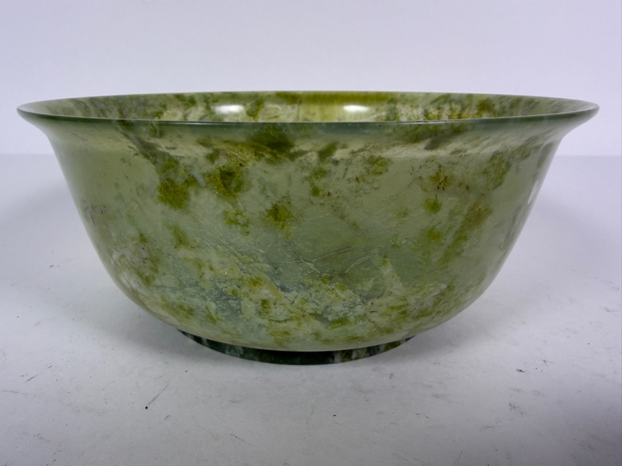 Vintage Chinese Spinach Jade Bowl 6.5W X 2.75H With Carved Wooden Stand [Photo 4]