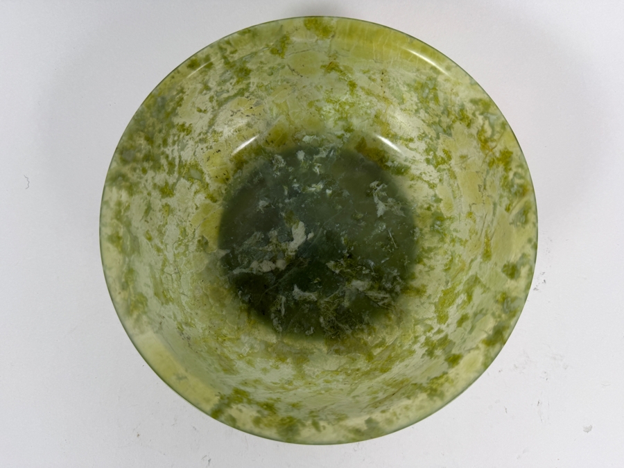 Vintage Chinese Spinach Jade Bowl 6.5W X 2.75H With Carved Wooden Stand [Photo 3]