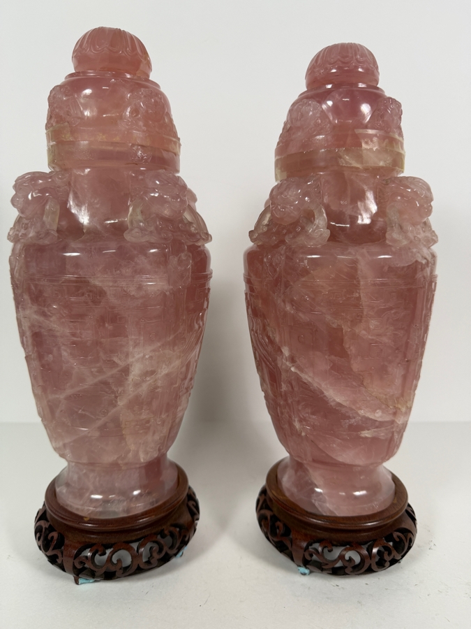 Pair Of Impressive Vintage Chinese Carved Rose Quartz Lidded Urns On Carved Wooden Stands 13'H [Photo 12]