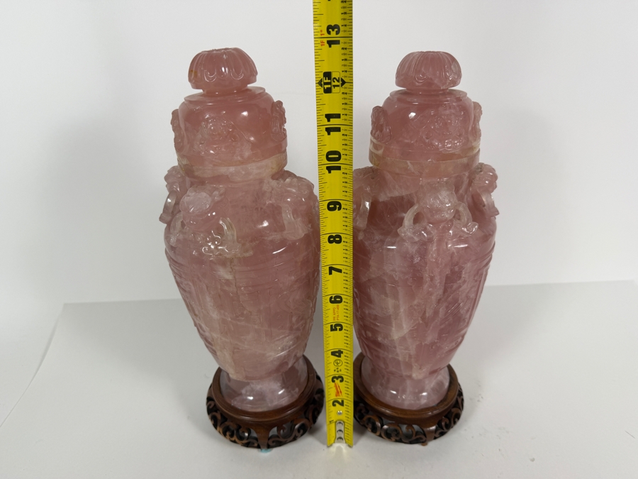 Pair Of Impressive Vintage Chinese Carved Rose Quartz Lidded Urns On Carved Wooden Stands 13'H [Photo 17]