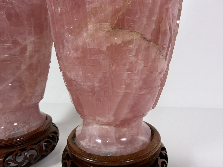 Pair Of Impressive Vintage Chinese Carved Rose Quartz Lidded Urns On Carved Wooden Stands 13'H [Photo 11]
