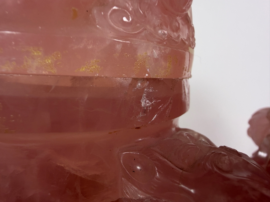 Pair Of Impressive Vintage Chinese Carved Rose Quartz Lidded Urns On Carved Wooden Stands 13'H [Photo 13]