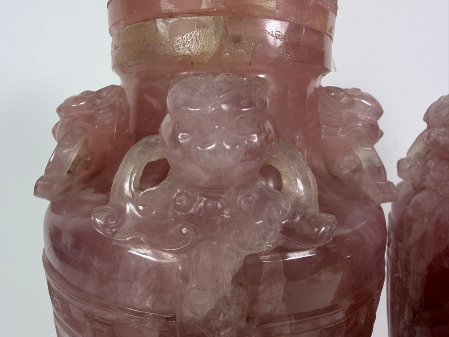 Pair Of Impressive Vintage Chinese Carved Rose Quartz Lidded Urns On Carved Wooden Stands 13'H [Photo 4]