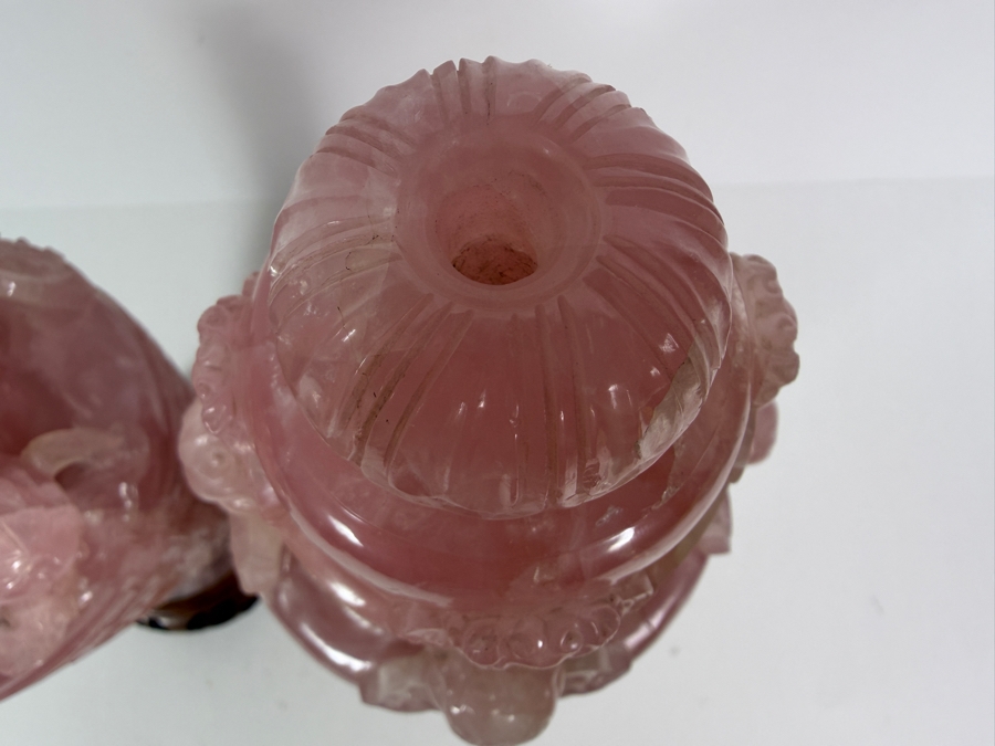 Pair Of Impressive Vintage Chinese Carved Rose Quartz Lidded Urns On Carved Wooden Stands 13'H [Photo 14]