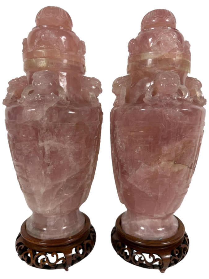 Pair Of Impressive Vintage Chinese Carved Rose Quartz Lidded Urns On Carved Wooden Stands 13'H
