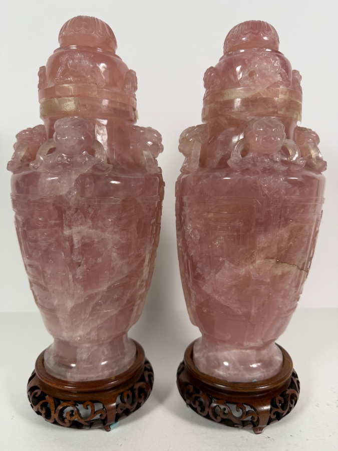 Pair Of Impressive Vintage Chinese Carved Rose Quartz Lidded Urns On Carved Wooden Stands 13'H [Photo 2]