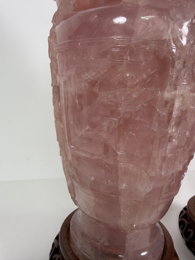 Pair Of Impressive Vintage Chinese Carved Rose Quartz Lidded Urns On Carved Wooden Stands 13'H [Photo 7]
