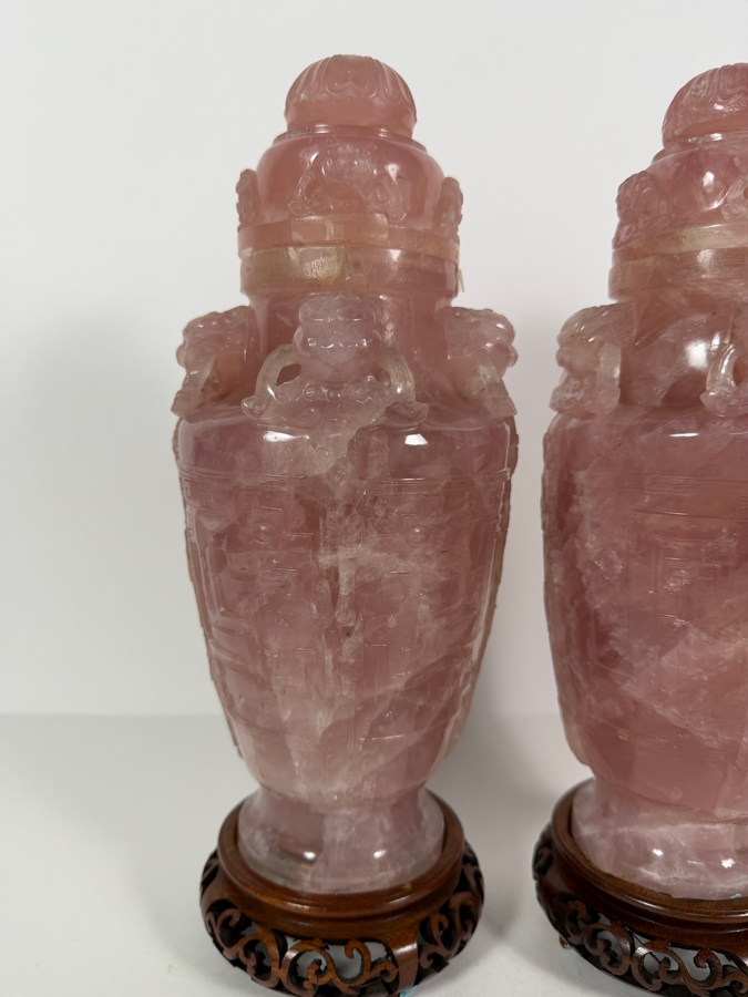Pair Of Impressive Vintage Chinese Carved Rose Quartz Lidded Urns On Carved Wooden Stands 13'H [Photo 3]