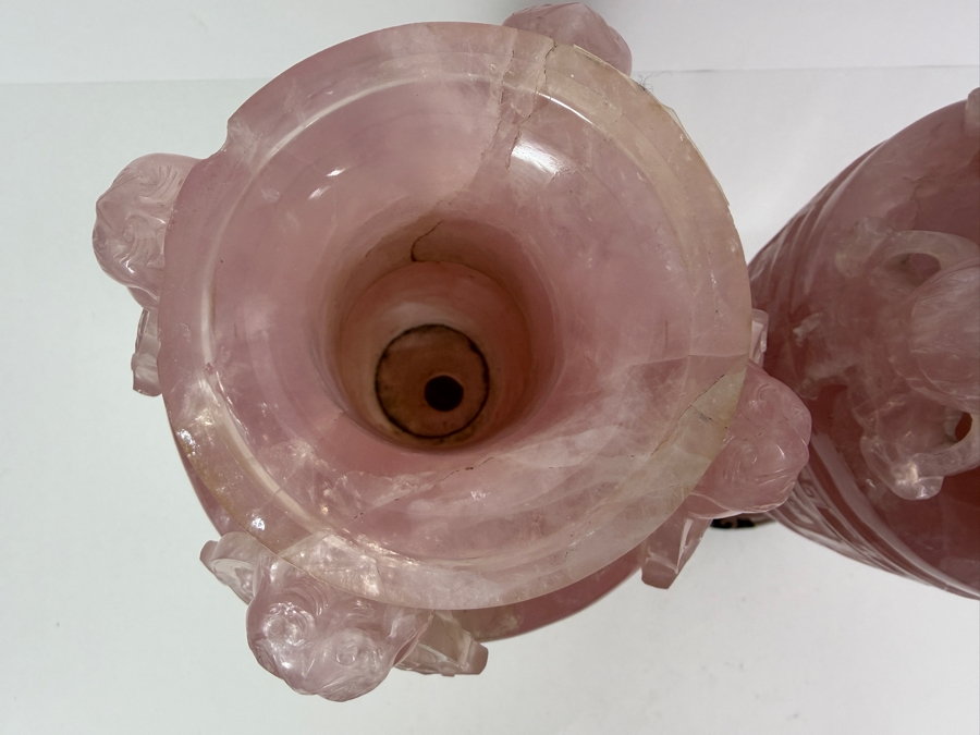 Pair Of Impressive Vintage Chinese Carved Rose Quartz Lidded Urns On Carved Wooden Stands 13'H [Photo 15]