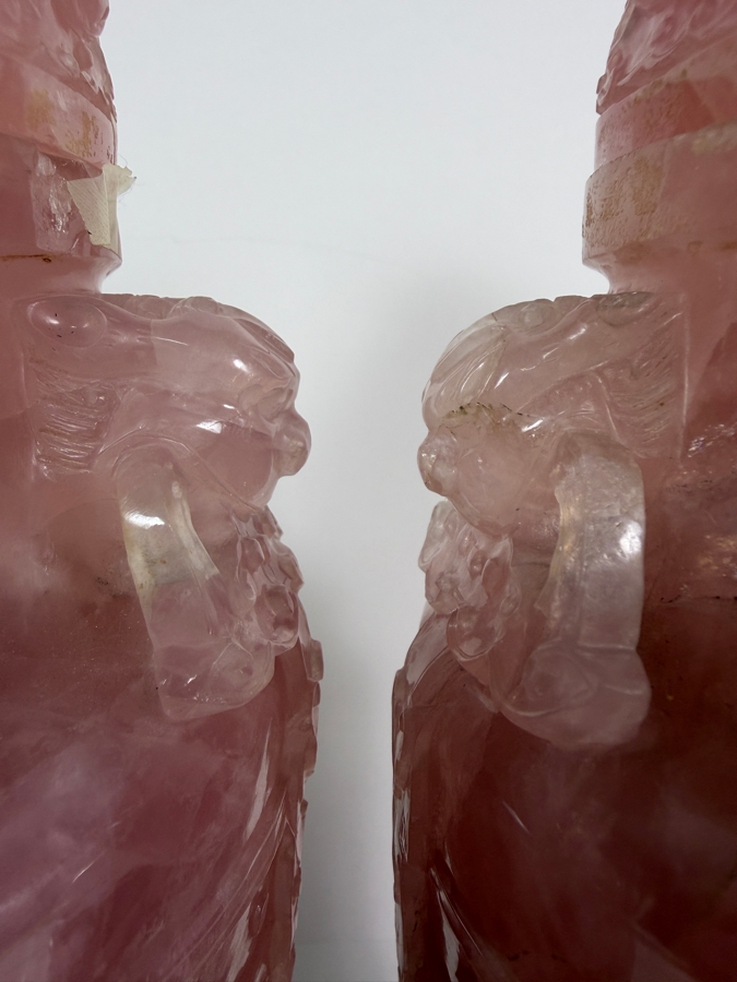 Pair Of Impressive Vintage Chinese Carved Rose Quartz Lidded Urns On Carved Wooden Stands 13'H [Photo 8]