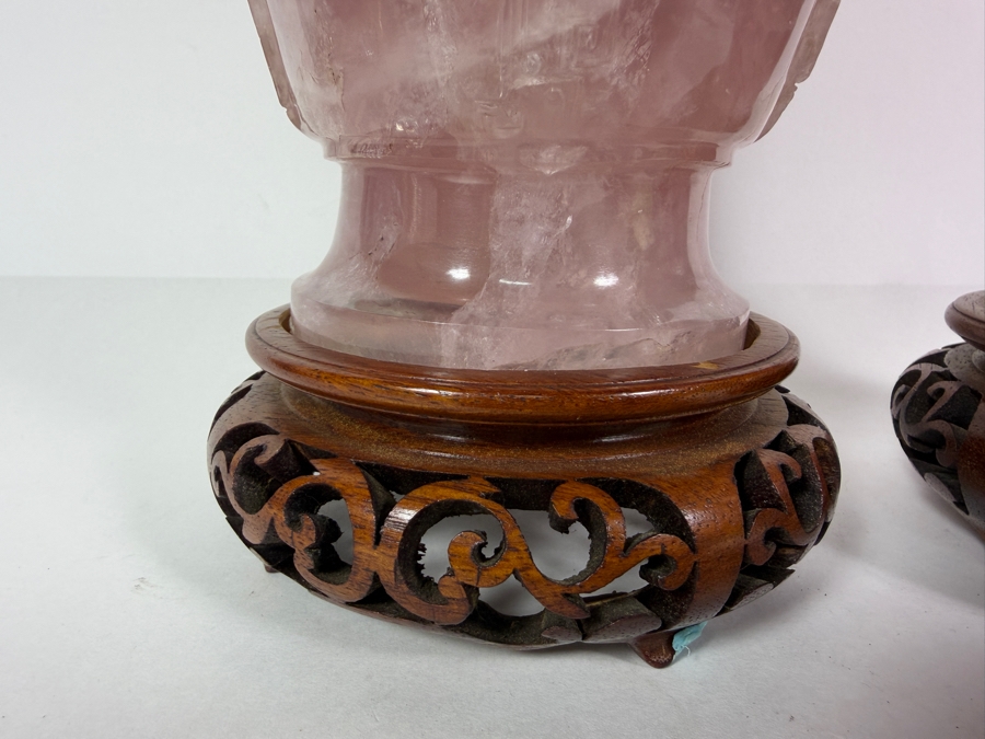 Pair Of Impressive Vintage Chinese Carved Rose Quartz Lidded Urns On Carved Wooden Stands 13'H [Photo 10]