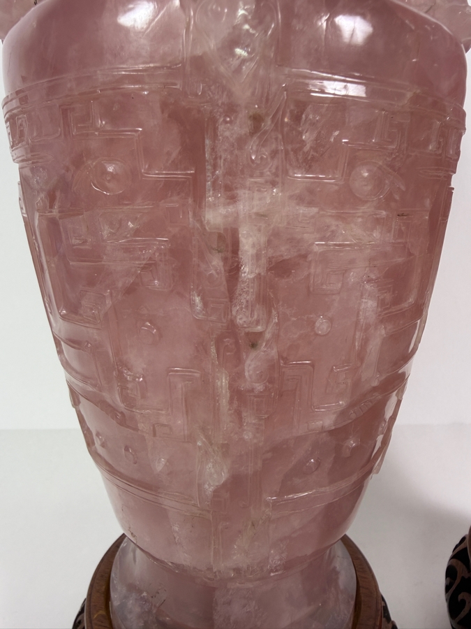Pair Of Impressive Vintage Chinese Carved Rose Quartz Lidded Urns On Carved Wooden Stands 13'H [Photo 6]