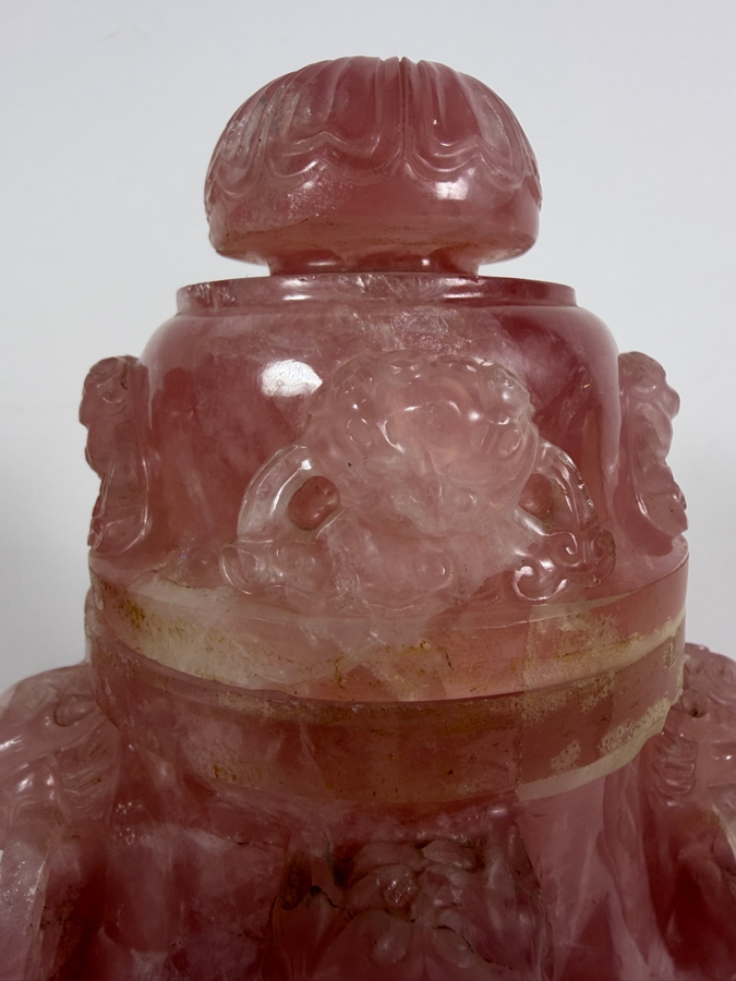 Pair Of Impressive Vintage Chinese Carved Rose Quartz Lidded Urns On Carved Wooden Stands 13'H [Photo 9]