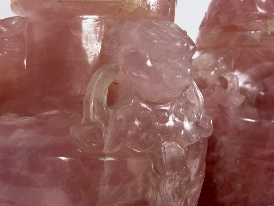 Pair Of Impressive Vintage Chinese Carved Rose Quartz Lidded Urns On Carved Wooden Stands 13'H [Photo 5]