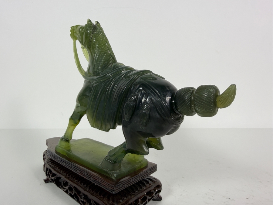Vintage Chinese Carved Green Serpentine Horse Figurine On Wooden Stand 9.5W X 3.25D X 7.5H [Photo 6]