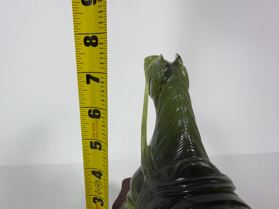 Vintage Chinese Carved Green Serpentine Horse Figurine On Wooden Stand 9.5W X 3.25D X 7.5H [Photo 8]
