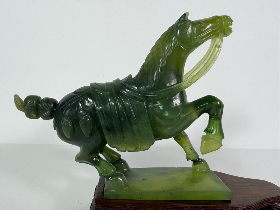 Vintage Chinese Carved Green Serpentine Horse Figurine On Wooden Stand 9.5W X 3.25D X 7.5H [Photo 2]