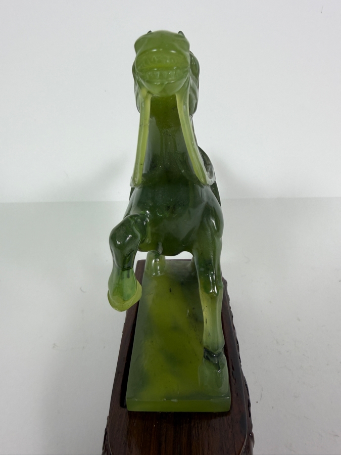Vintage Chinese Carved Green Serpentine Horse Figurine On Wooden Stand 9.5W X 3.25D X 7.5H [Photo 4]