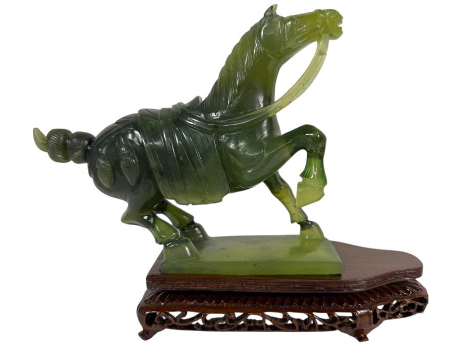 Vintage Chinese Carved Green Serpentine Horse Figurine On Wooden Stand 9.5W X 3.25D X 7.5H
