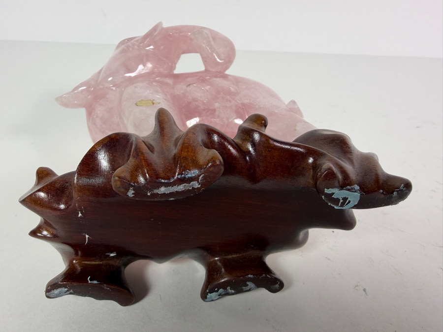 Vintage Chinese Hand-carved Rose Quartz Crystal Elephant Figurine With Custom Hand Carved Wooden Stand 5'H [Photo 6]