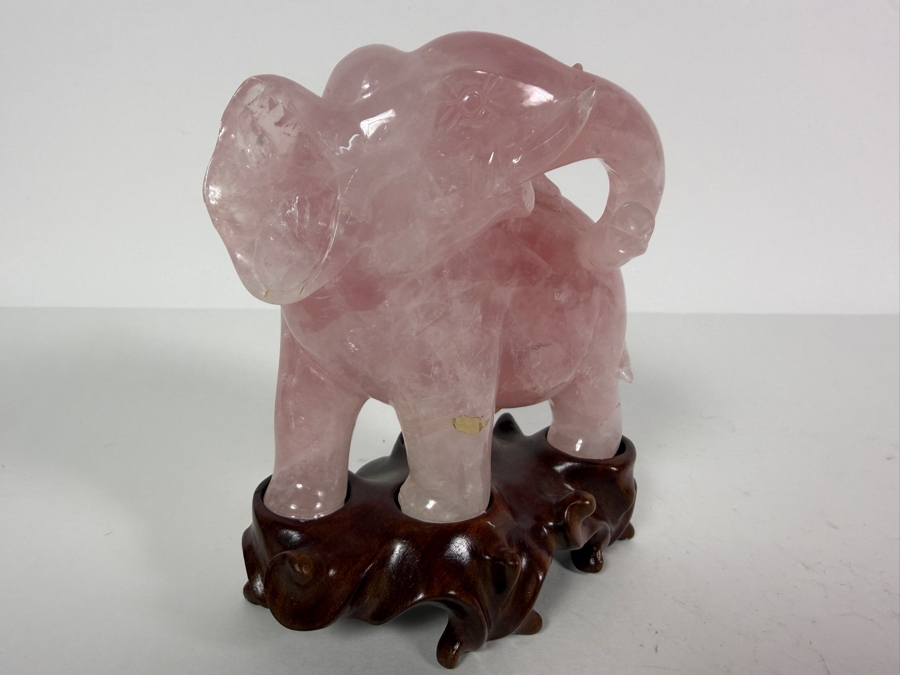 Vintage Chinese Hand-carved Rose Quartz Crystal Elephant Figurine With Custom Hand Carved Wooden Stand 5'H [Photo 3]