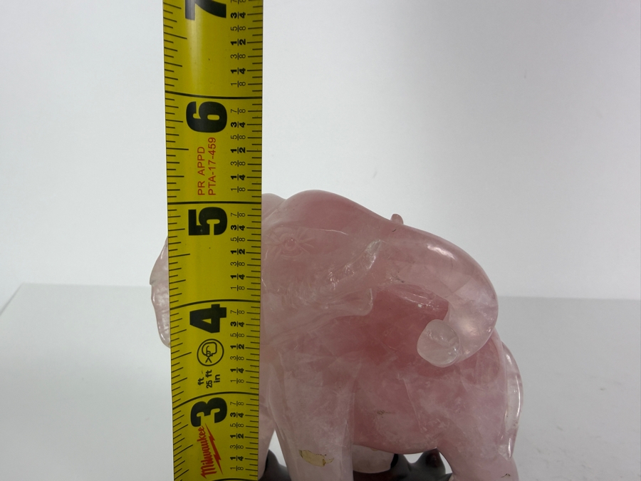 Vintage Chinese Hand-carved Rose Quartz Crystal Elephant Figurine With Custom Hand Carved Wooden Stand 5'H [Photo 7]