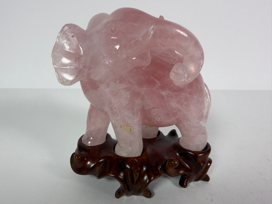 Vintage Chinese Hand-carved Rose Quartz Crystal Elephant Figurine With Custom Hand Carved Wooden Stand 5'H [Photo 2]