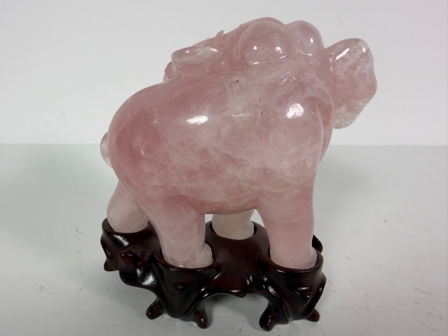 Vintage Chinese Hand-carved Rose Quartz Crystal Elephant Figurine With Custom Hand Carved Wooden Stand 5'H [Photo 5]
