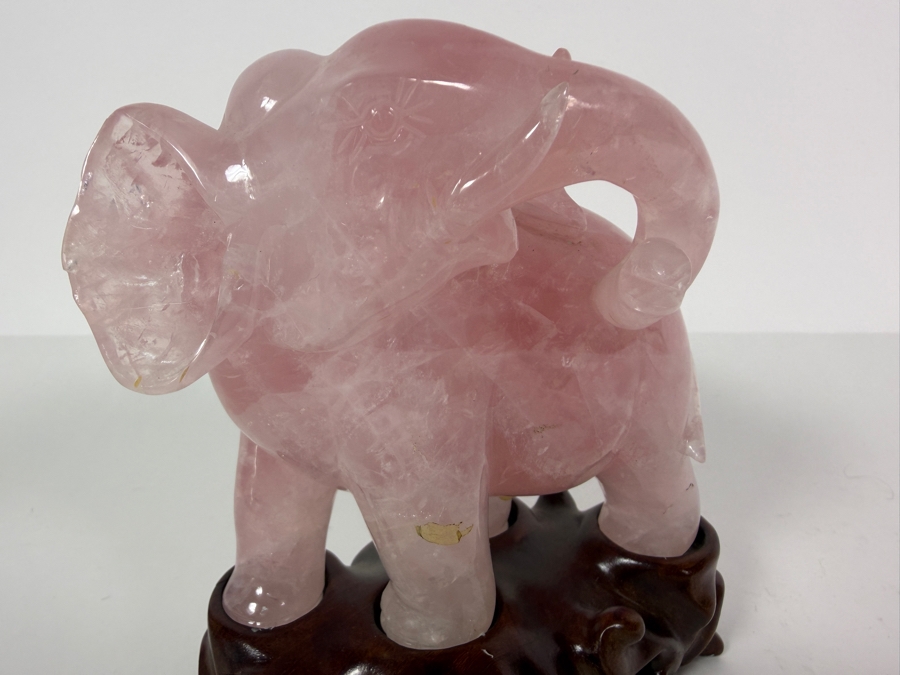 Vintage Chinese Hand-carved Rose Quartz Crystal Elephant Figurine With Custom Hand Carved Wooden Stand 5'H [Photo 4]