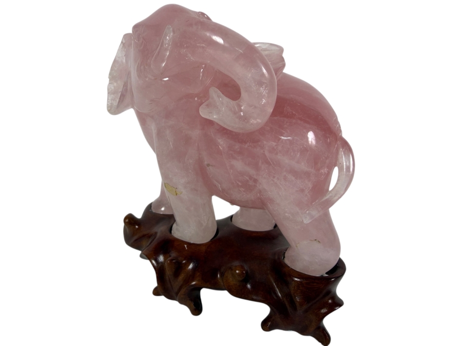 Vintage Chinese Hand-carved Rose Quartz Crystal Elephant Figurine With Custom Hand Carved Wooden Stand 5'H
