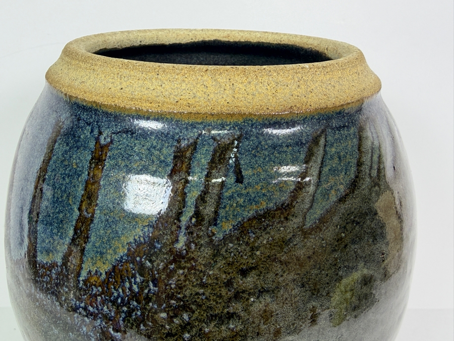 Just Added - Handmade Signed Studio Pottery Stoneware Vase With Multi-Tone Blue And Brown Reactive Drip Glaze 12'H [Photo 3]