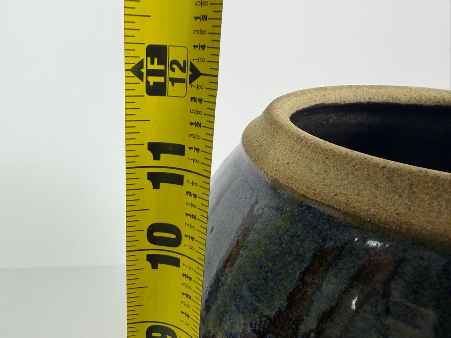 Just Added - Handmade Signed Studio Pottery Stoneware Vase With Multi-Tone Blue And Brown Reactive Drip Glaze 12'H [Photo 6]