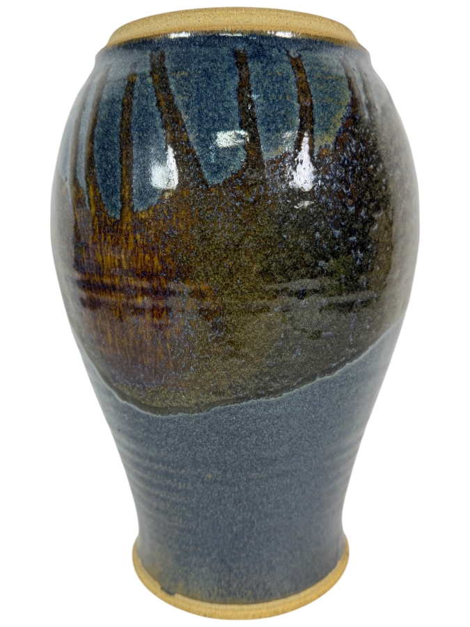 Just Added - Handmade Signed Studio Pottery Stoneware Vase With Multi-Tone Blue And Brown Reactive Drip Glaze 12'H