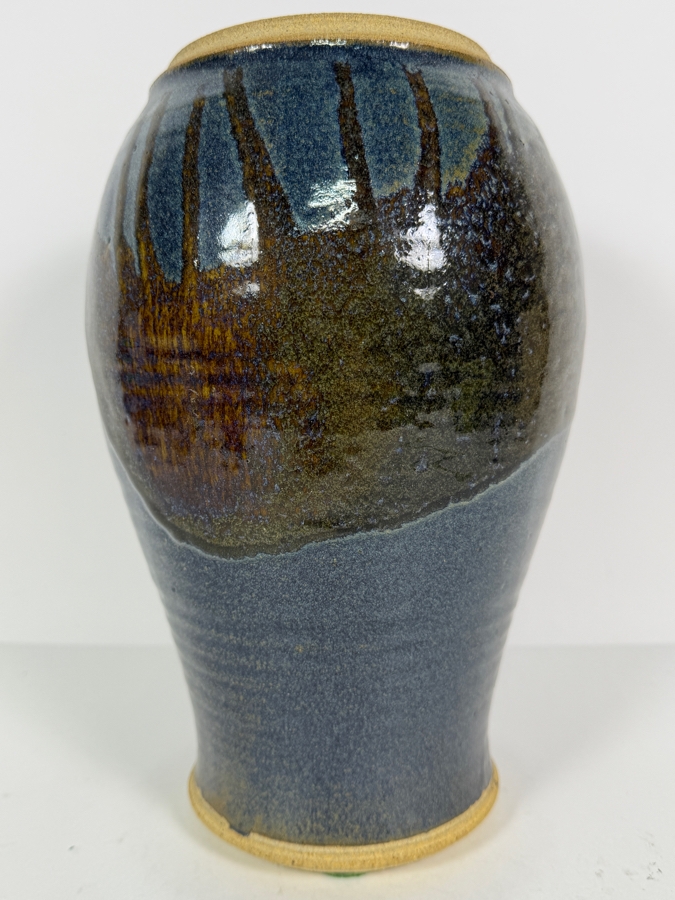 Just Added - Handmade Signed Studio Pottery Stoneware Vase With Multi-Tone Blue And Brown Reactive Drip Glaze 12'H [Photo 2]