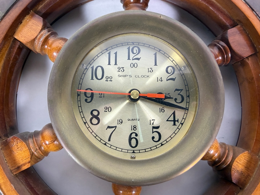Just Added - Vintage Nautical Wooden Ship Steering Wheel Wall Clock With Brass 24 Hour Military Time Dial 18'H [Photo 2]
