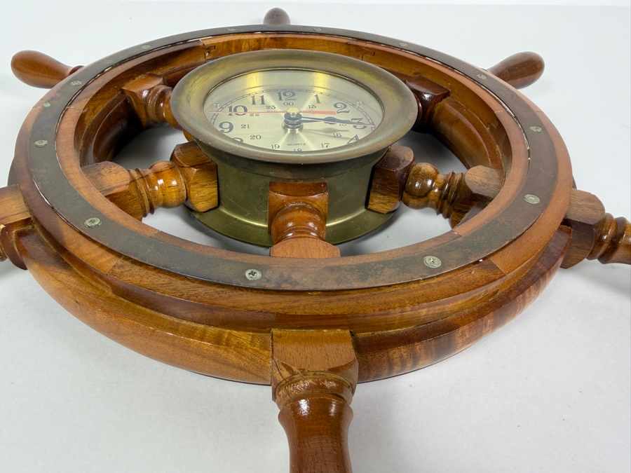 Just Added - Vintage Nautical Wooden Ship Steering Wheel Wall Clock With Brass 24 Hour Military Time Dial 18'H [Photo 3]