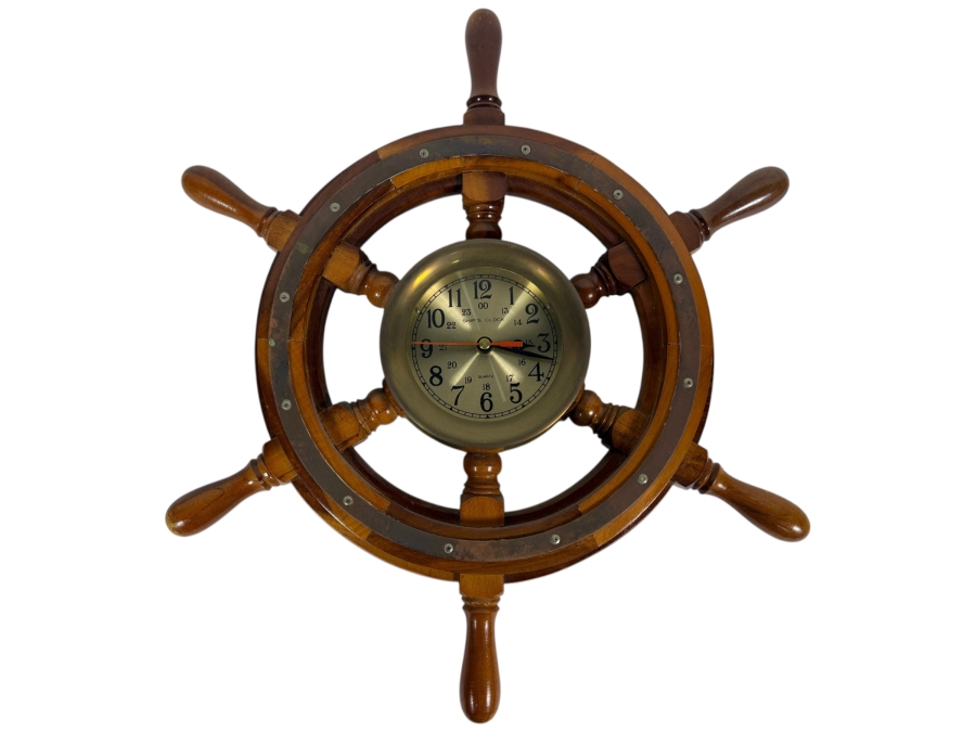 Just Added - Vintage Nautical Wooden Ship Steering Wheel Wall Clock With Brass 24 Hour Military Time Dial 18'H