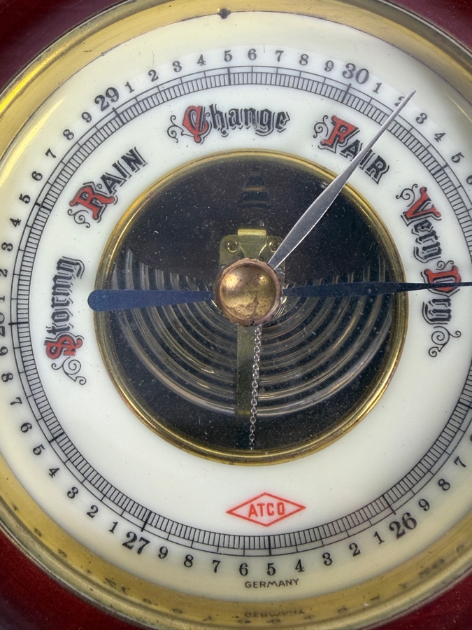Just Added - Vintage ATCO Germany Aneroid Barometer In Round Wooden Frame With Hanging Brass Ring 5.25'H [Photo 2]