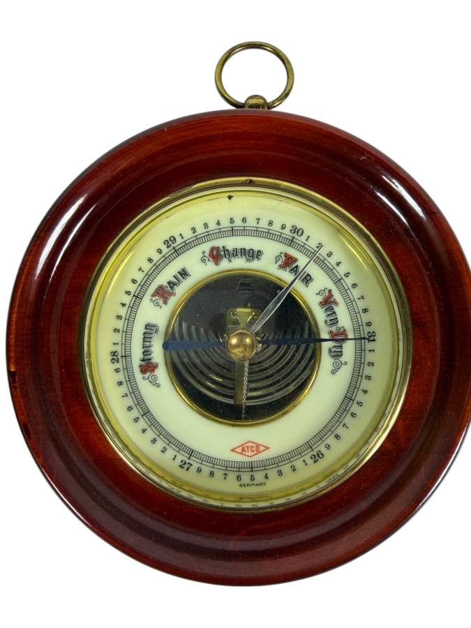 Just Added - Vintage ATCO Germany Aneroid Barometer In Round Wooden Frame With Hanging Brass Ring 5.25'H
