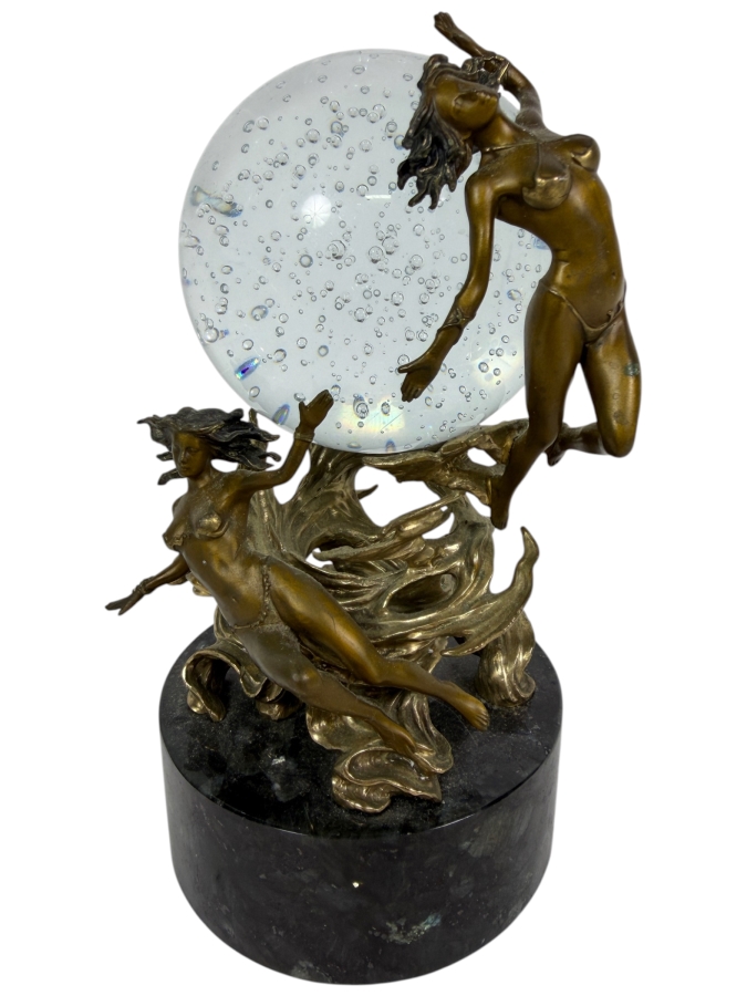 Just Added - Franklin Mint Passions Of The Future Bronze Female Nymphs Sculpture With Controlled Bubble Glass Ball By Julie Bell 7'H