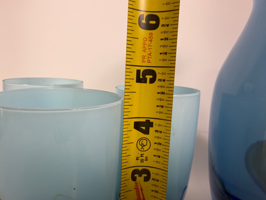 Just Added - Vintage Mid-Century Modern Light Blue Cased Art Glass Pitcher And Six Tumblers Beverage Set With Abstract Swirl Pattern 8'H and 4.25'H [Photo 6]