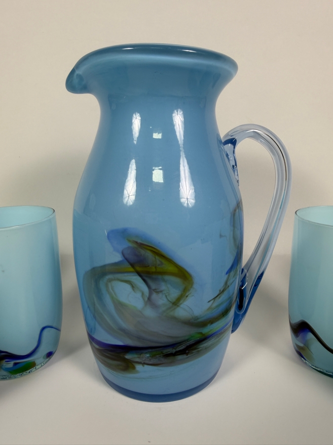 Just Added - Vintage Mid-Century Modern Light Blue Cased Art Glass Pitcher And Six Tumblers Beverage Set With Abstract Swirl Pattern 8'H and 4.25'H [Photo 2]