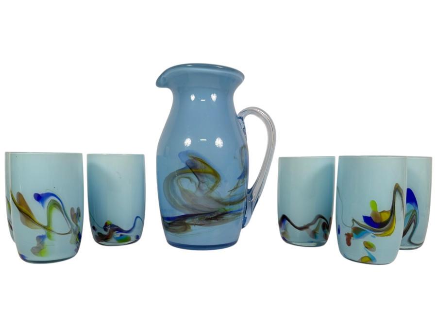 Just Added - Vintage Mid-Century Modern Light Blue Cased Art Glass Pitcher And Six Tumblers Beverage Set With Abstract Swirl Pattern 8'H and 4.25'H
