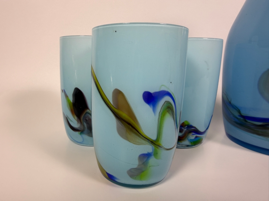 Just Added - Vintage Mid-Century Modern Light Blue Cased Art Glass Pitcher And Six Tumblers Beverage Set With Abstract Swirl Pattern 8'H and 4.25'H [Photo 3]