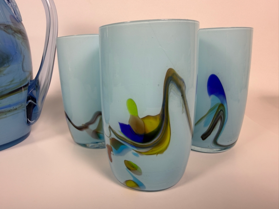 Just Added - Vintage Mid-Century Modern Light Blue Cased Art Glass Pitcher And Six Tumblers Beverage Set With Abstract Swirl Pattern 8'H and 4.25'H [Photo 4]